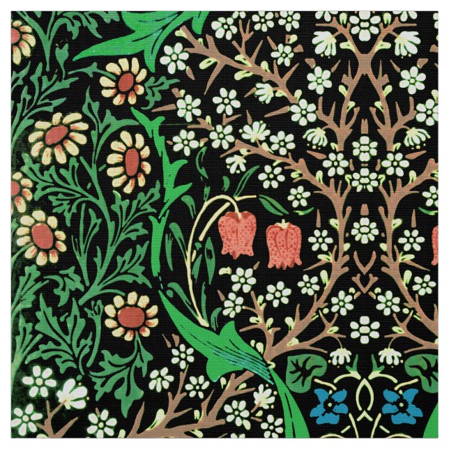 William Morris Jacobean Floral, Black Background Fabric (Swatch)