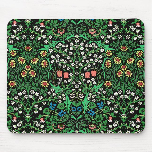 William Morris Jacobean Floral, Black Background Mouse Pad (Front)