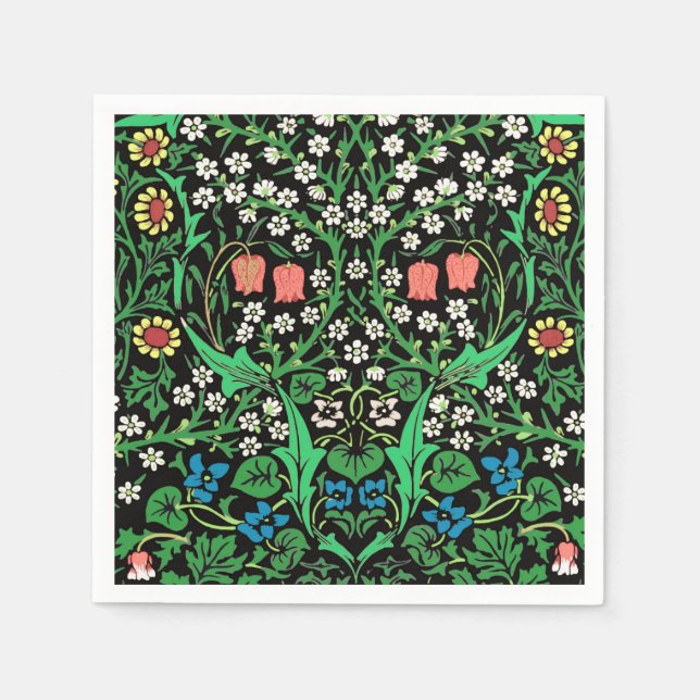 William Morris Jacobean Floral, Black Background Napkins (Front)