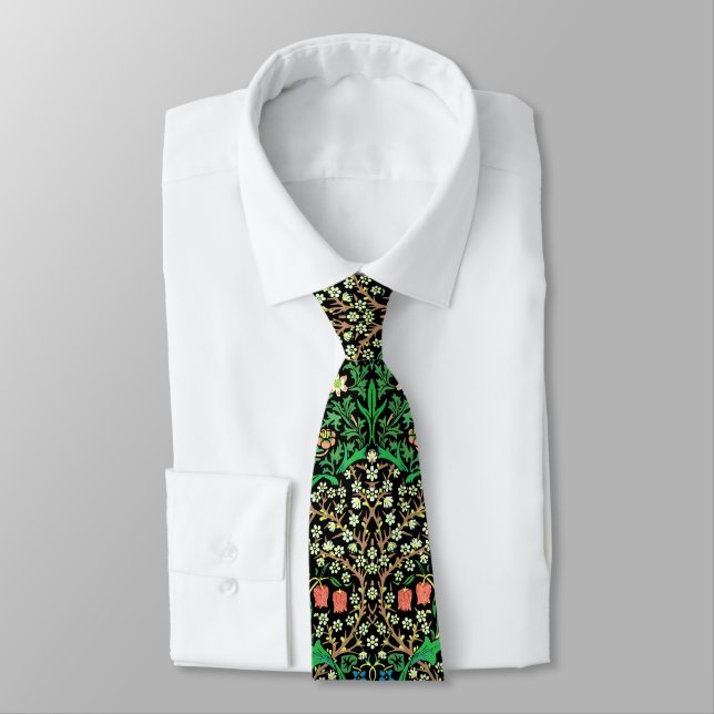 William Morris Jacobean Floral, Black Background Neck Tie (Tied)
