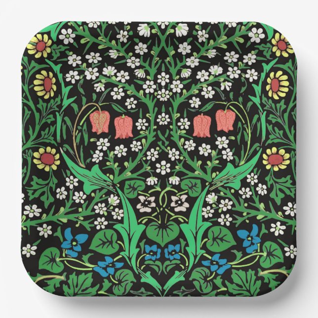 William Morris Jacobean Floral, Black Background Paper Plates (Front)