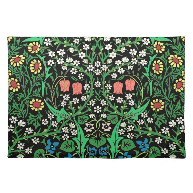 William Morris Jacobean Floral, Black Background Placemat (Front)