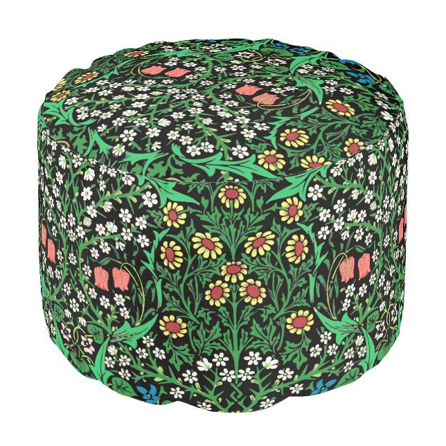 William Morris Jacobean Floral, Black Background Pouf (Angled Front)