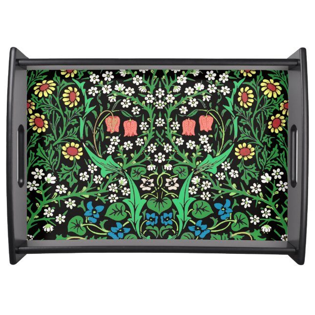 William Morris Jacobean Floral, Black Background Serving Tray (Front)