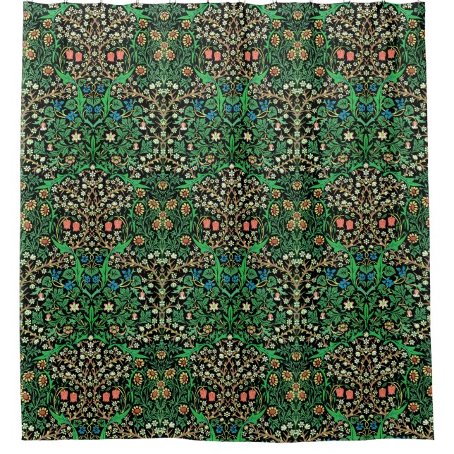 William Morris Jacobean Floral, Black Background Shower Curtain (Front)