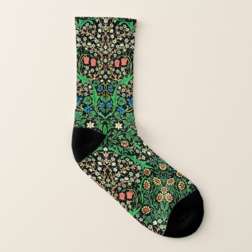 William Morris Jacobean Floral Black Background Socks