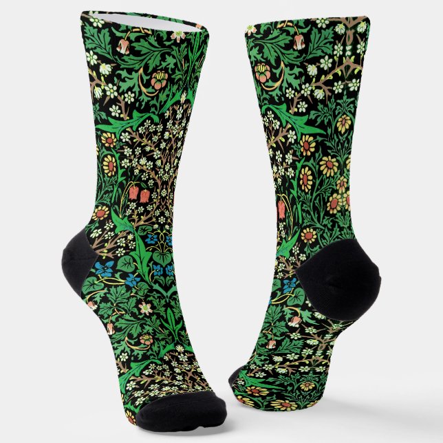 William Morris Jacobean Floral, Black Background Socks (Angled)