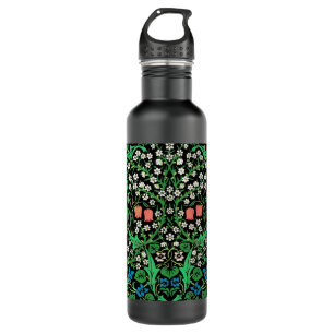 William Morris Jacobean Floral, Black Background Stainless Steel Water Bottle