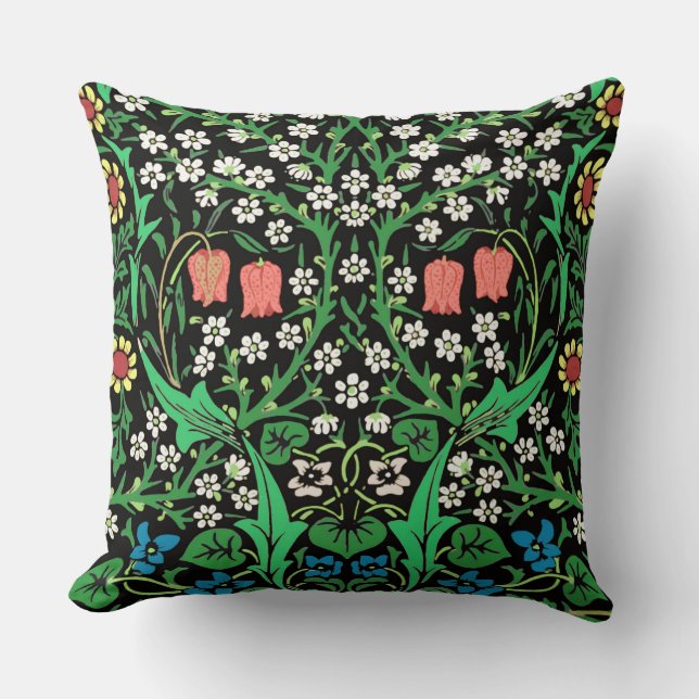 William Morris Jacobean Floral, Black Background Throw Pillow (Front)
