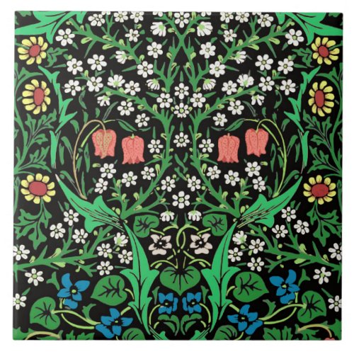 William Morris Jacobean Floral Black Background Tile