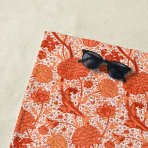 William Morris Jacobean Floral, Coral Orange Beach Towel