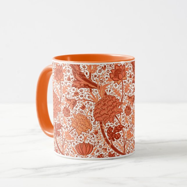 William Morris Jacobean Floral, Coral Orange Mug (Front Left)