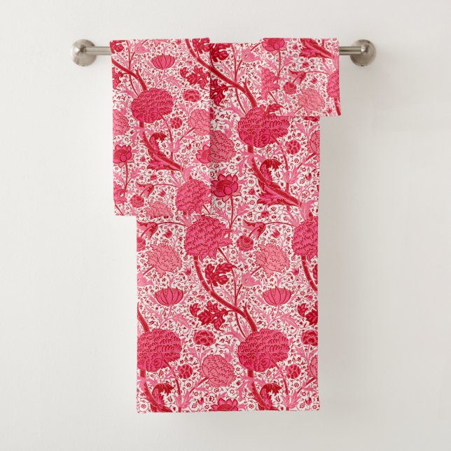 William Morris Jacobean Floral, Coral Pink  Bath Towel Set (Insitu)