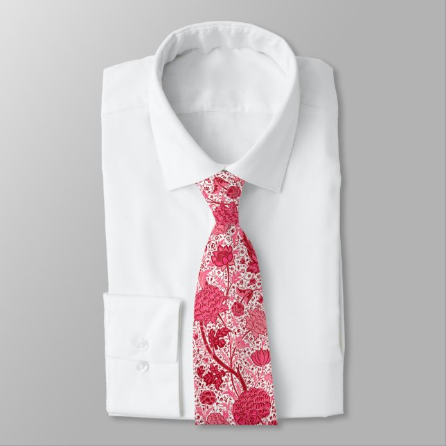 William Morris Jacobean Floral, Coral Pink Neck Tie (Tied)
