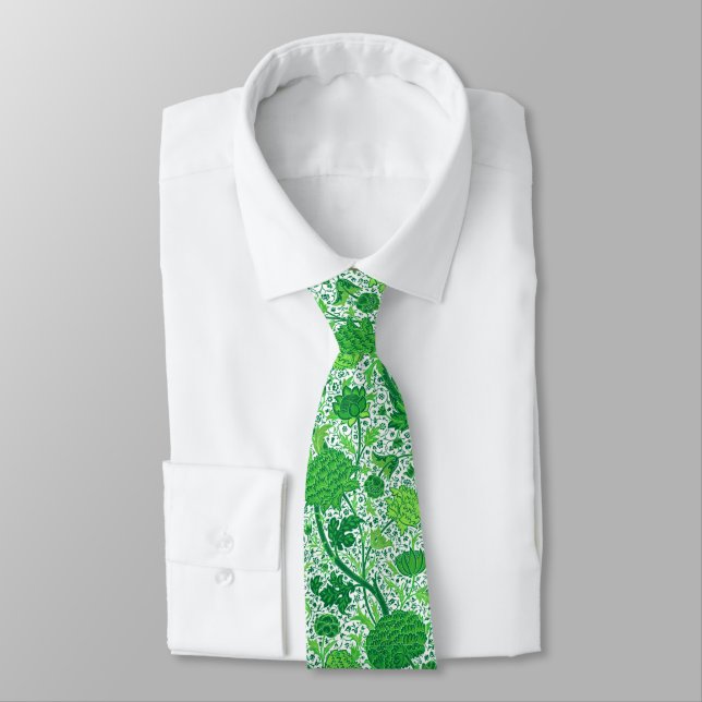 William Morris Jacobean Floral, Emerald Green Neck Tie (Tied)