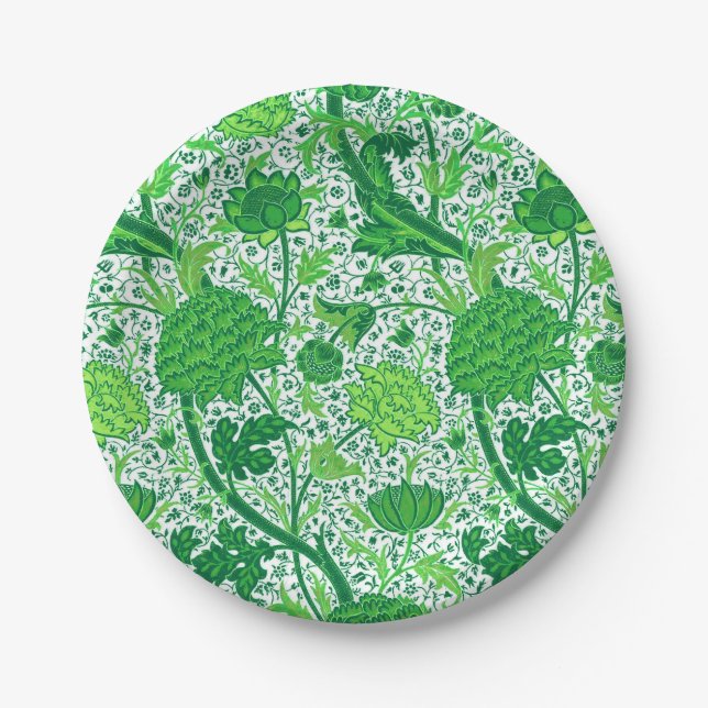 William Morris Jacobean Floral, Emerald Green Paper Plates (Front)