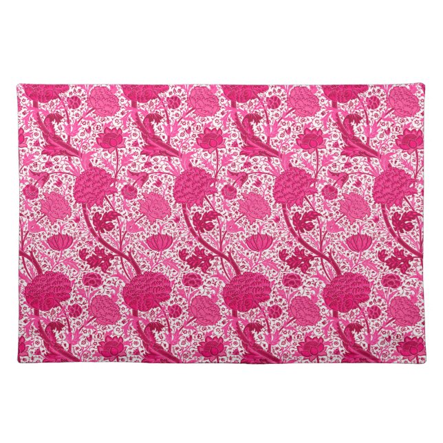William Morris Jacobean Floral, Fuchsia Pink  Cloth Placemat (Front)