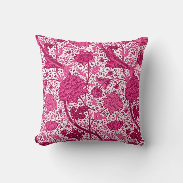 William Morris Jacobean Floral, Fuchsia Pink Throw Pillow (Front)