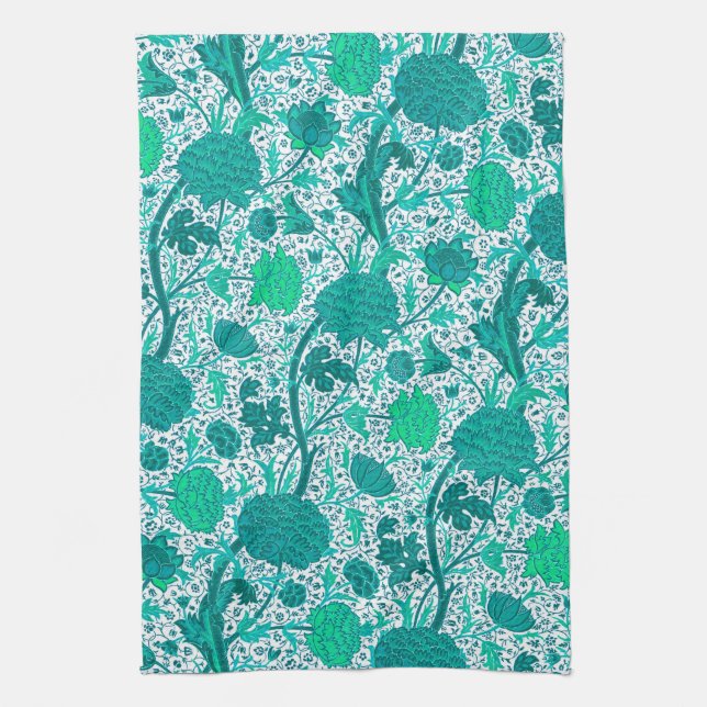 William Morris Jacobean Floral, Turquoise Kitchen Towel (Vertical)