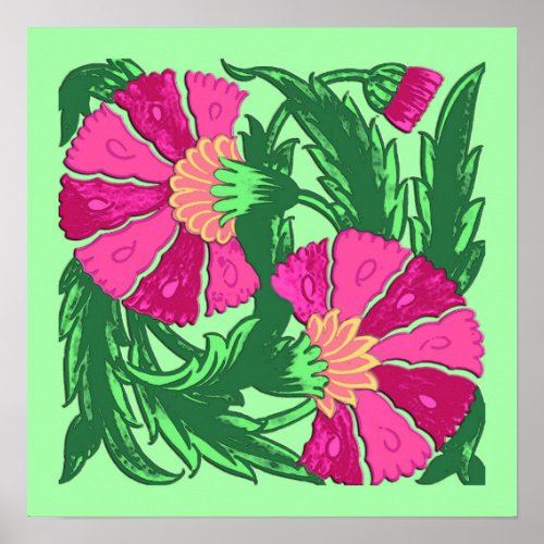 William Morris Jacobean Fuchsia Pink and Green Poster