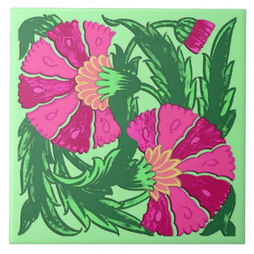 William Morris Jacobean Fuchsia Pink and Green Tile