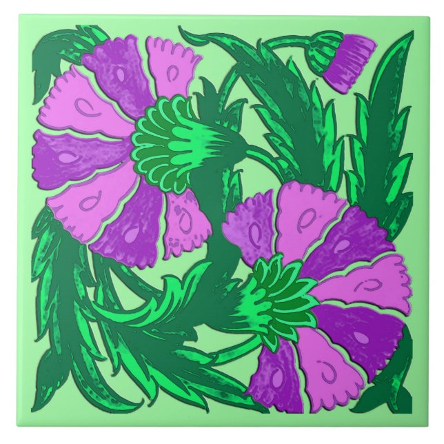 William Morris Jacobean, Orchid Purple and Green Ceramic Tile (Front)