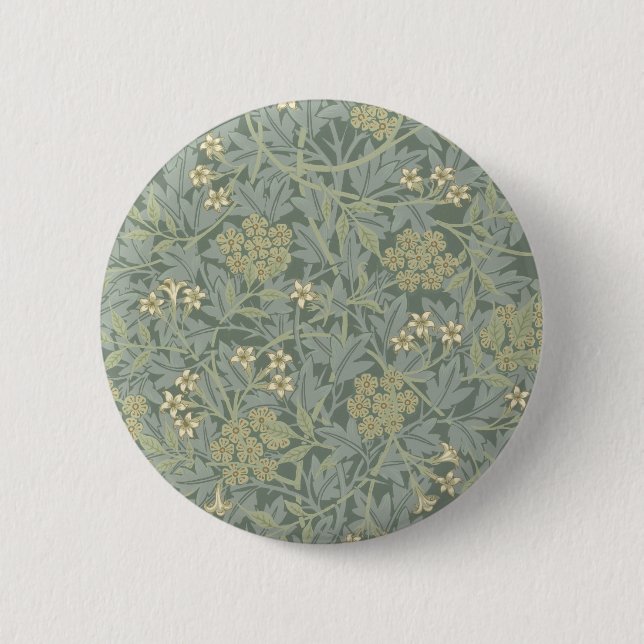 William Morris Jasmine Blue Green Botanical Art Button (Front)
