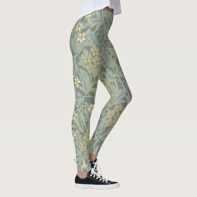 William Morris Jasmine Blue Green Botanical Art Leggings (Right)
