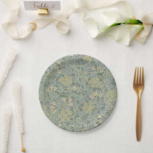 William Morris Jasmine Blue Green Botanical Art Paper Plates (Wedding)