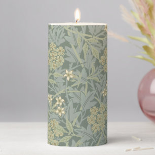William Morris Jasmine Blue Green Botanical Art Pillar Candle