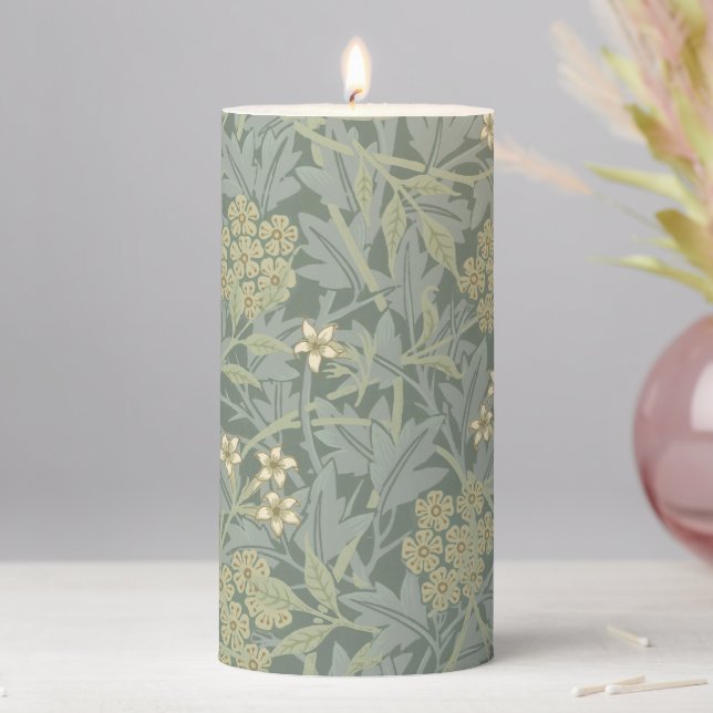 William Morris Jasmine Blue Green Botanical Art Pillar Candle (In Situ)