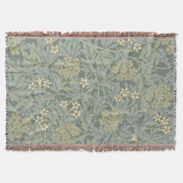 William Morris Jasmine Blue Green Botanical Art Throw Blanket (Front)