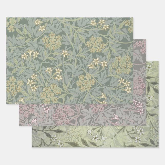 William Morris Jasmine Blue Green Botanical Art Wrapping Paper Sheets (Set)