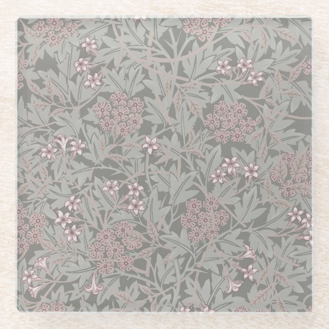 William Morris Jasmine Flower Pattern Glass Coaster (Front)