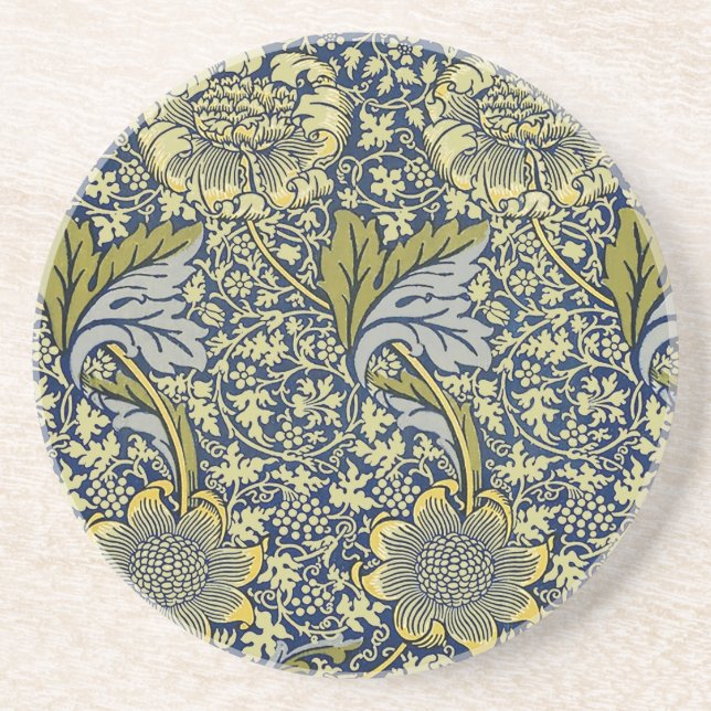 William Morris Kennet Floral Wallpaper Blue Gold Coaster (Front)