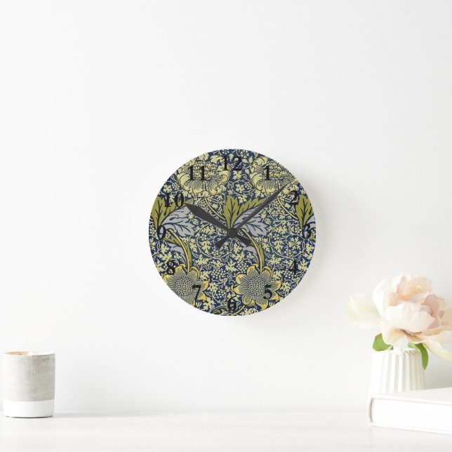 William Morris Kennet Floral Wallpaper Blue Gold Round Clock (Home)