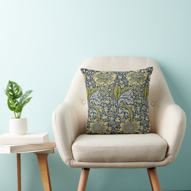 William Morris Kennet Floral Wallpaper Blue Throw Pillow (Chair)