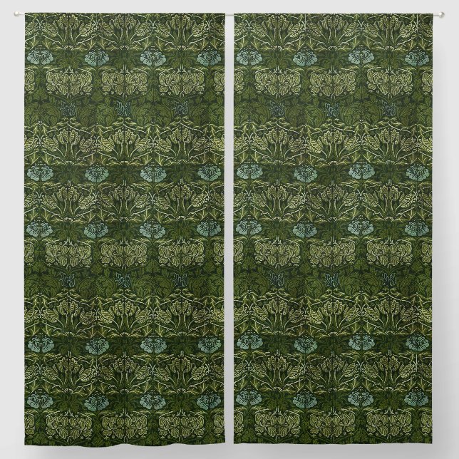 William Morris Large Green Leaves & Blue Flower Blackout Curtains (Pair)