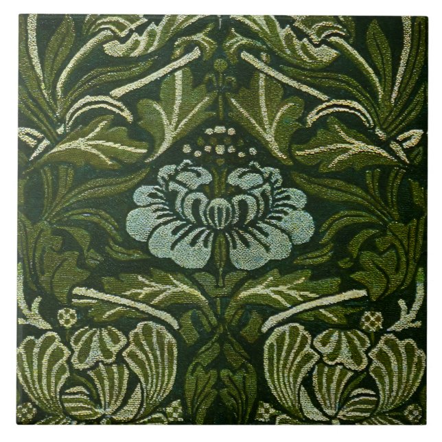 William Morris Large Green Leaves & Blue Flower Ceramic Tile (Front)