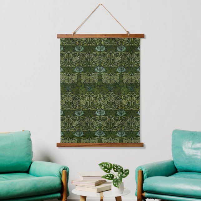 William Morris Large Green Leaves & Blue Flower Hanging Tapestry (Living Room)