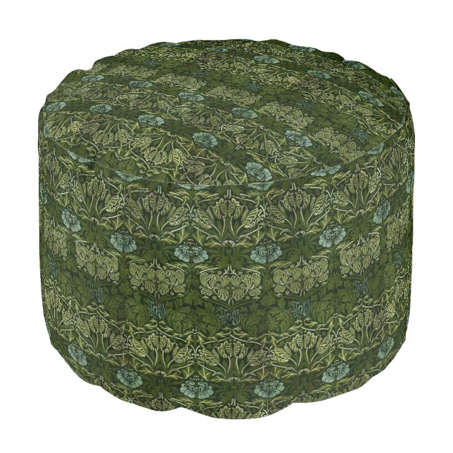 William Morris Large Green Leaves & Blue Flower Pouf (Angled Front)