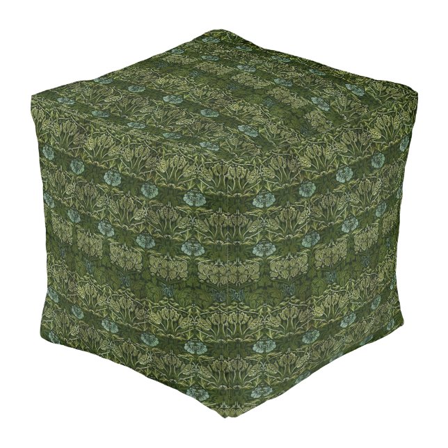 William Morris Large Green Leaves & Blue Flower Pouf (Angled Front)