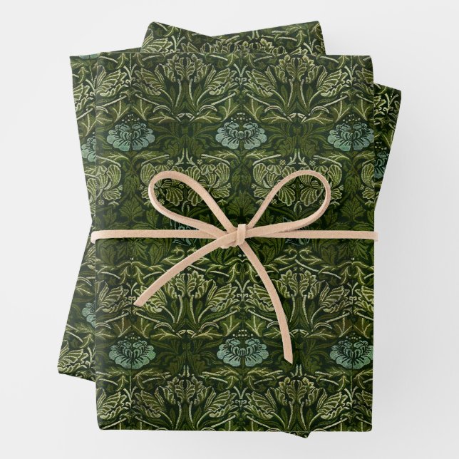 William Morris Large Green Tulip Rose Wallpaper Wrapping Paper Sheets (In situ)