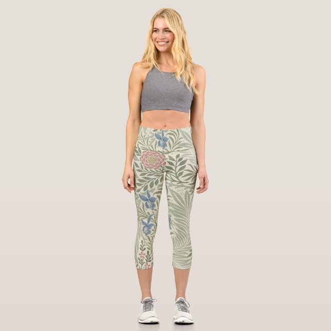 William Morris Larkspur Floral Wallpaper Capri Leggings (Front)