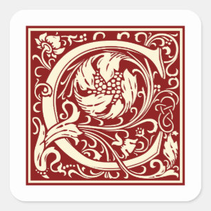 William Morris Letter C Monogram Initial Red Square Sticker