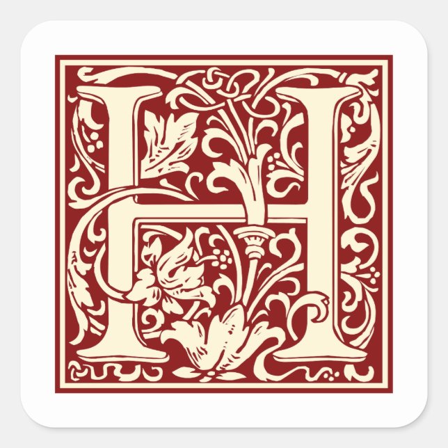 William Morris Letter H Monogram Initial Red Square Sticker (Front)