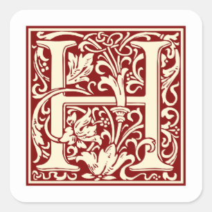 William Morris Letter H Monogram Initial Red Square Sticker