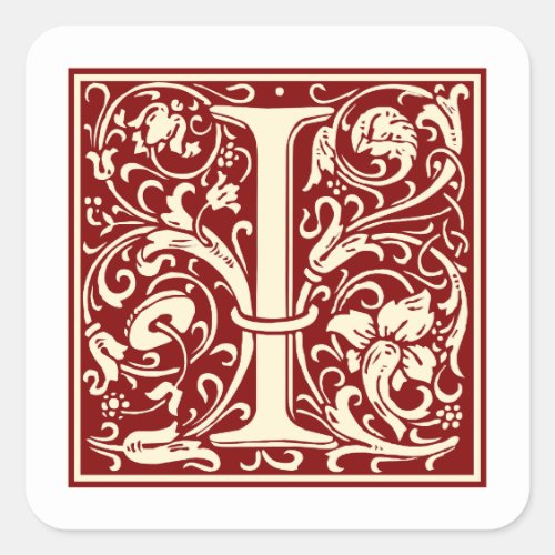 William Morris Letter I Monogram Initial Red Square Sticker