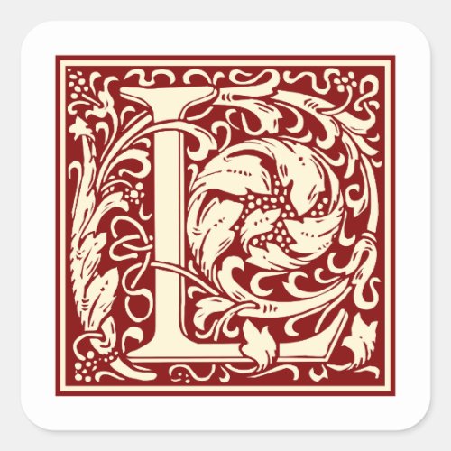 William Morris Letter L Monogram Initial Red Square Sticker