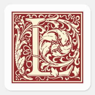 William Morris Letter L Monogram Initial Red Square Sticker
